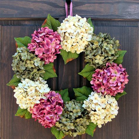 Spring Summer Hydrangea Wreath For Front Door Decor Rose Pink Cream And