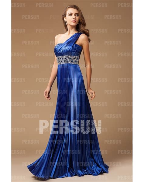 Robe De Bal Pliss E Seule Paule En Satin Bleu Royal Orn E De Strass