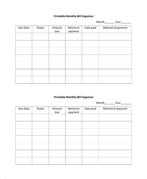 FREE 9+ Sample Bill Organizer in PDF | MS Word | Excel