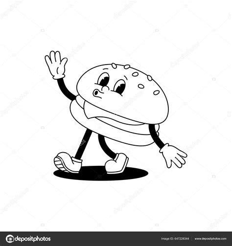 Vector Cartoon Retro Mascot Monochrome Illustration Walking Hamburger ...