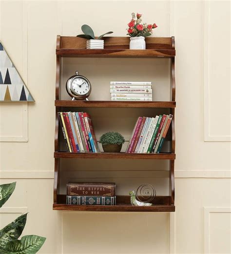 Buy Sheesham Wood Book Shelf In Rustic Finish By Wooden Mood Online Transitional Wall Shelves