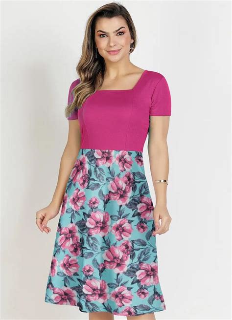 Vestido Floral Rosa E Azul Em Malha Rosalie