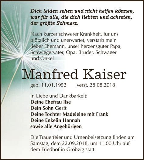 Traueranzeigen Von Manfred Kaiser Abschied Nehmen De