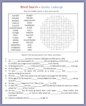 Word Searches Amelia Earhart And Charles Lindbergh Airplanes Flight