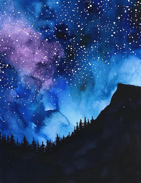 Premium Photo Simple View Of Night Sky Painted In Watercolors Ai