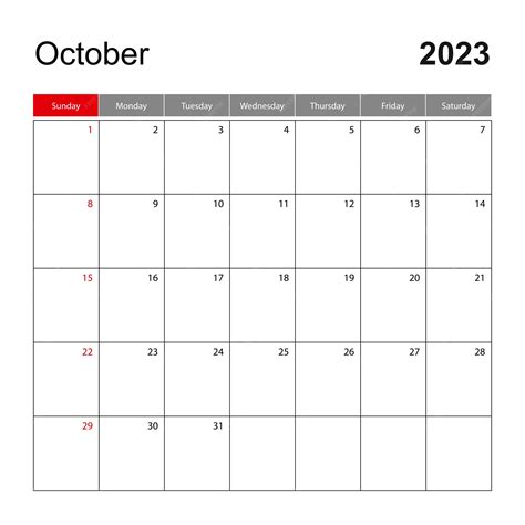 Plantilla De Calendario De Pared Para Octubre De 2023 La Semana Del Planificador De Vacaciones Y