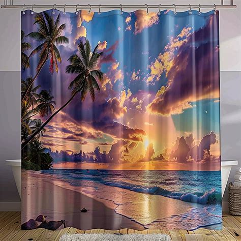 Exquisite Tropical Beach Sunset Shower Curtain Heavy Fabric Quality