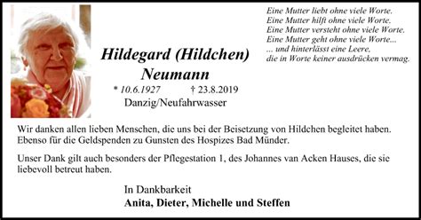 Traueranzeigen Von Hildegard Neumann Trauer In Nrw De