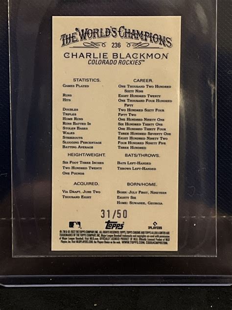 Charlie Blackmon Topps Allen Ginter Chrome Gold Mini Ebay