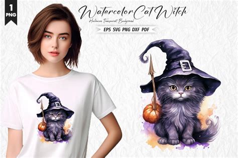 Halloween Watercolor Cat Witch Clipart PNG SVG Design