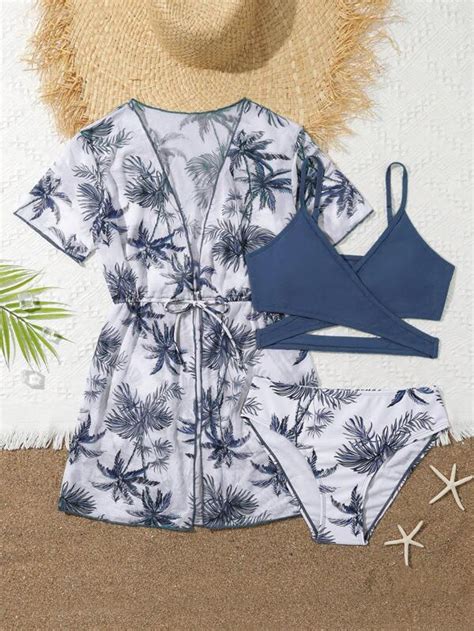 Teen Girls 3pack Tropical Print Bikini Swimsuit With Kimono SHEIN USA