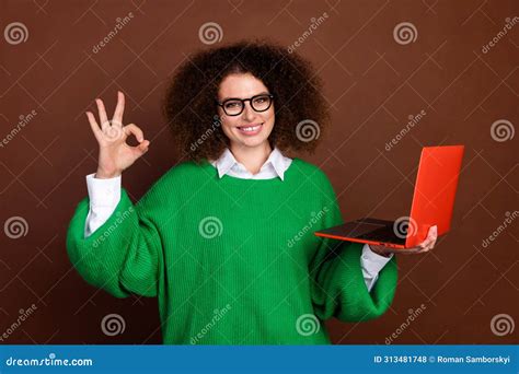 Portrait Of Attractive Lady Hold Wireless Netbook Hand Fingers