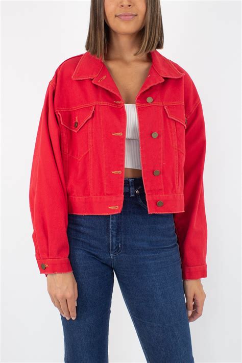 80s 1980s Bright Red Cropped Denim Jacket Free Size Xssml Etsy