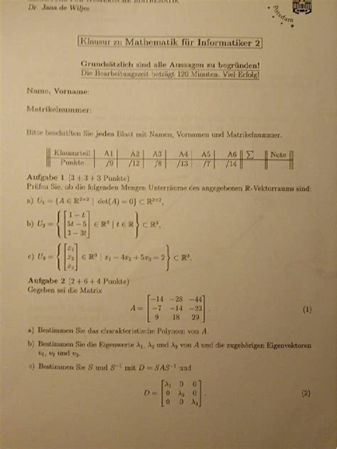 Mathe Klausur Mathematik F R Informatiker Ii Studocu