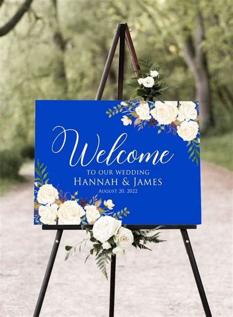 Royal Blue Wedding Welcome Sign Blue And White Flowers Etsy Royal