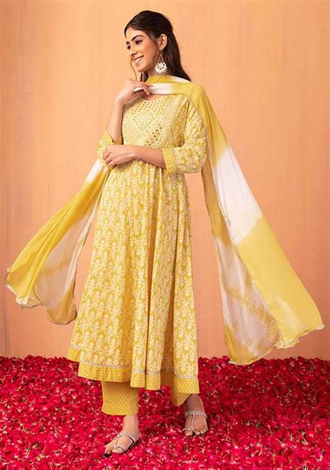 Buy Women Mustard Yellow Floral Print Cotton Anarkali Kurta With Pants