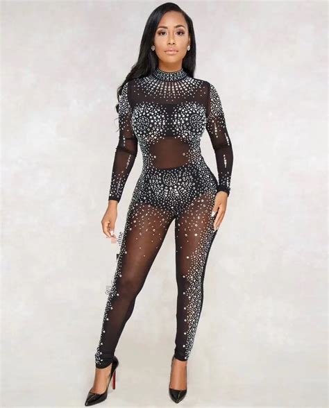 Top Quality Sexy Long Sleeve Rhinestone Women Luxury Jumpsuit 2018 Elegant Knitted Designer