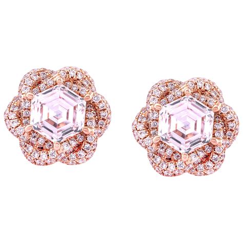 18K Rose Gold Pave Border 0 75ct Each Hexagon Diamond Flower Earrings