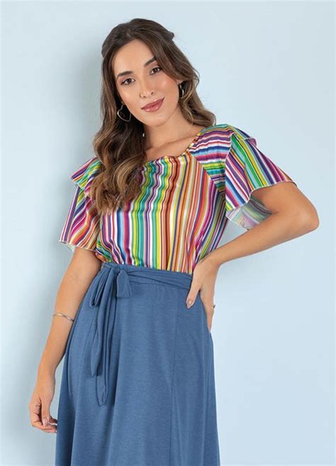 Blusa Listras Color Babados Moda Evang Lica Rosalie