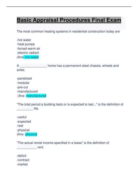 Basic Appraisal Procedures Final Exam Basic Appraisal Procedures