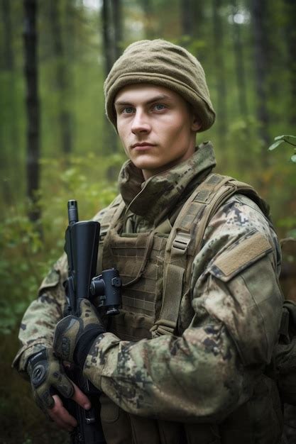 Premium Ai Image Cropped Portrait Of A Soldier Holding His Gun In The