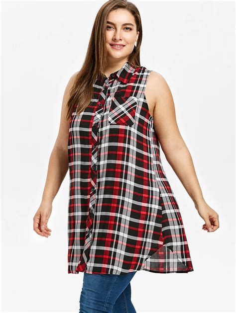 2018 Plus Size Plaid Sleeveless Tunic Shirt Women Shirts Blouses Shirt