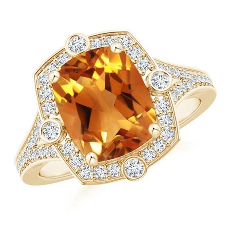 Art Deco Inspired Cushion Citrine Ring With Diamond Halo Angara