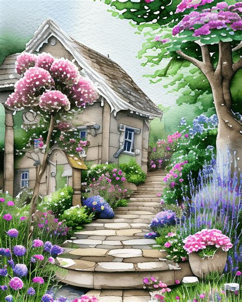 Fantasy Cottage Garden Watercolor Painting · Creative Fabrica