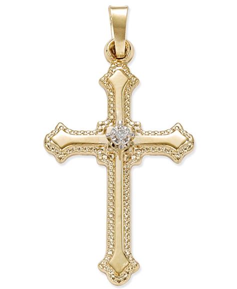 Macy S Diamond Accent Beaded Edge Cross Pendant In K Yellow Gold