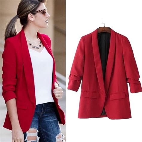 Queechalle 2020 Spring Autumn Red Jacket Blazer Women Folded Sleeve