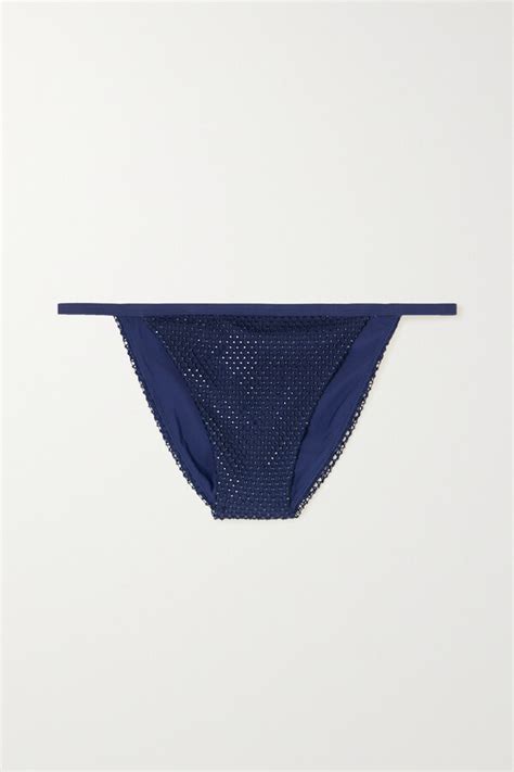 SIMKHAI Moxie Mesh Trimmed Crystal Embellished Bikini Briefs Navy