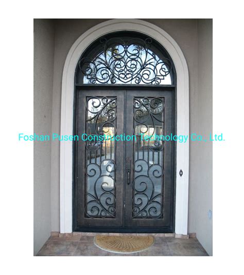 Arched Top Wrought Iron French Double Front Entry Door With Sidelights