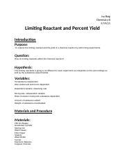 Chem Lab Limiting Reactant And Percent Yield Docx Isa Baig Chemistry