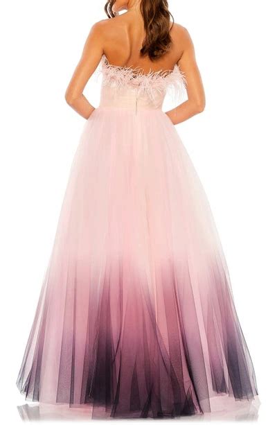 Mac Duggal Strapless Tulle Gown With Feather Accents In Pink Ombre