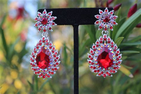 Red Clip On Earrings Red Dangle Earrings Red Rhinestone Etsy