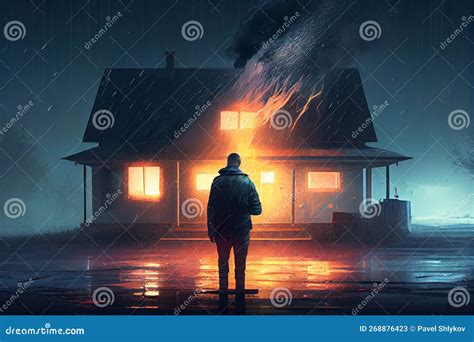 Dramatic Silhouette Of Man In Front Of Burning House Stock Illustration