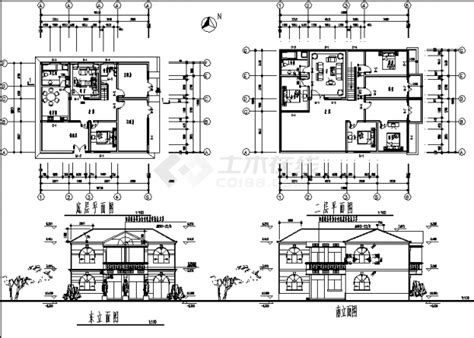 2套二层双拼别墅住宅楼建筑设计施工cad图纸住宅小区土木在线