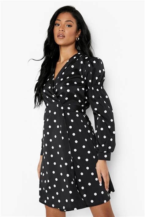 Tall Polka Dot Volume Sleeve Wrap Mini Dress Boohoo Uk