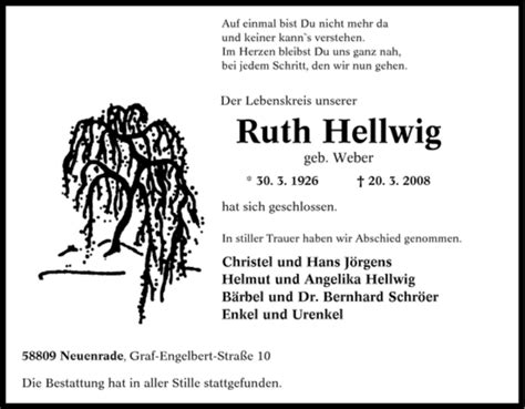 Traueranzeigen Von Ruth Hellwig Trauer In NRW De