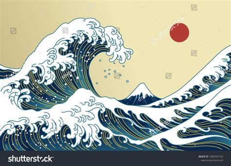 Big Asian Ocean Wave Red Sun And The Mountain Illustration Golden