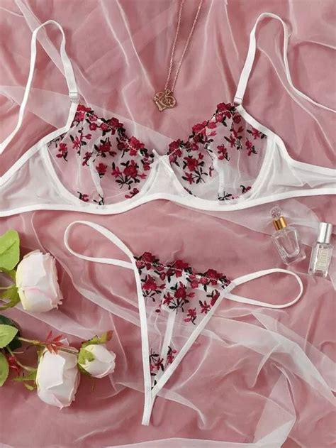 Wine Red Embroidered Lace Transparent Lingerie Set Bridal Boudoir