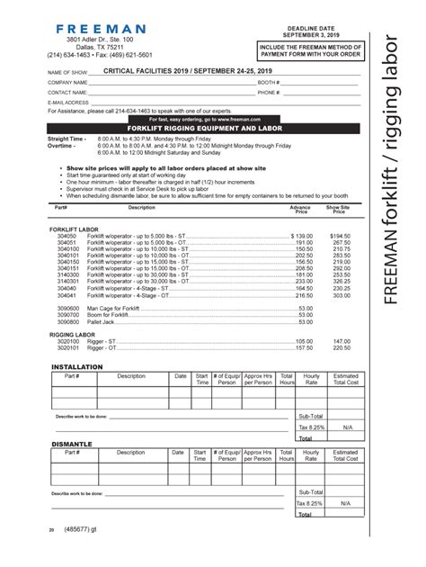 Fillable Online Forklift Rigging Labor Form Critical Facilities