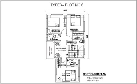 First Floor Plan Type 3 Plot No 6 Architecture View Of Bungalows Dwg