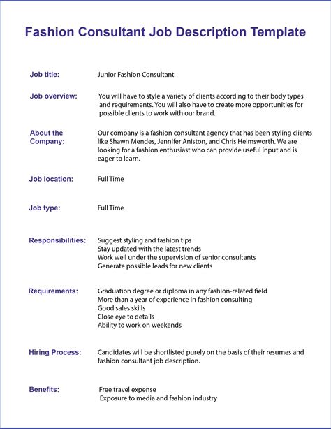 Fashion Consultant Job Description Template For