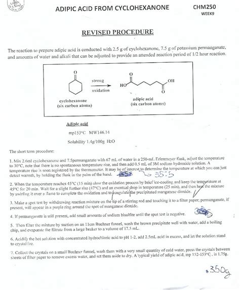 ADIPIC ACID FROM CYCLOHEXANONE CHM250 WEEKS REVISED | Chegg.com
