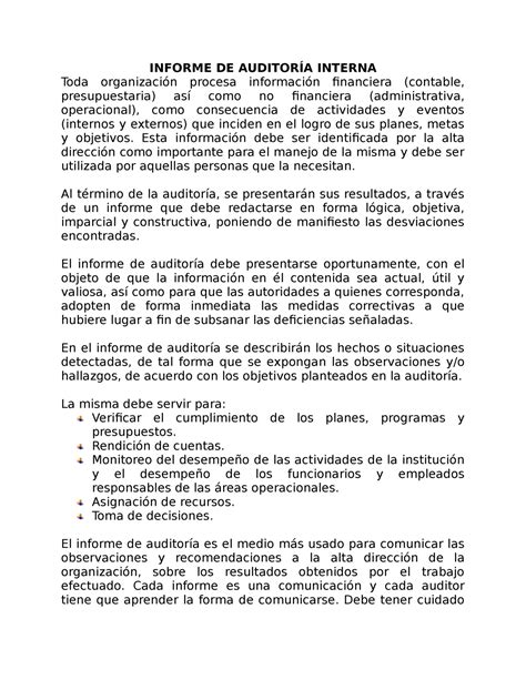 Ejemplo De Informe De Auditoria Interna De Una Empresa Compartir