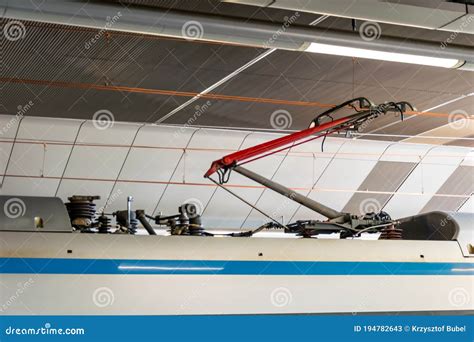 Pantograph Of A Train Connecting On Electric Line On Blue Sky ...