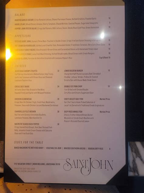 Menu at Saint John restaurant, New Orleans