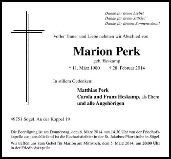 Traueranzeigen Von Marion Perk Noz Trauerportal