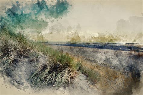 Digital Watercolour Painting Of Summer Evening Landscape View Ov